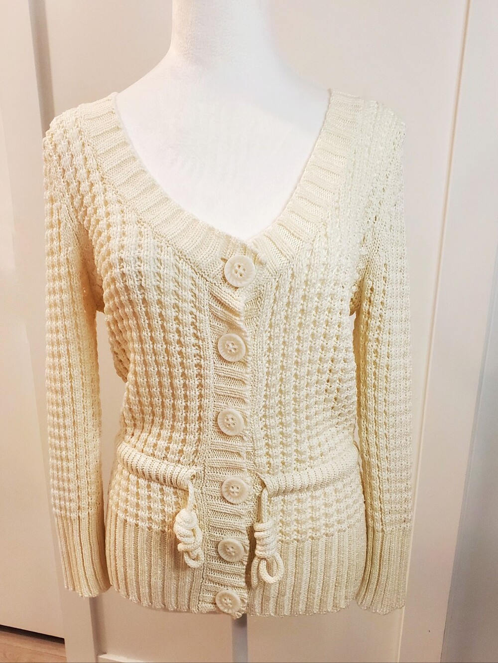 Cream Button-Front Knit Cardigan - Picture 3 of 4